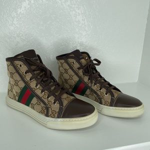 Gucci high top leather trainers (brown GG monogram web)